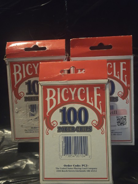 3 BOXES BICYCLE POKER CHIPS. 100 PER BOX 300 TOTAL RED, WHITE AND BLUE NEW
