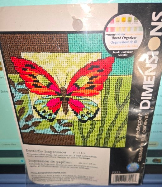 Dimensions Needlepoint Kit No. 7222 Butterfly Impression 5" x 5" Jennifer Goldberger Design NEW SEALED