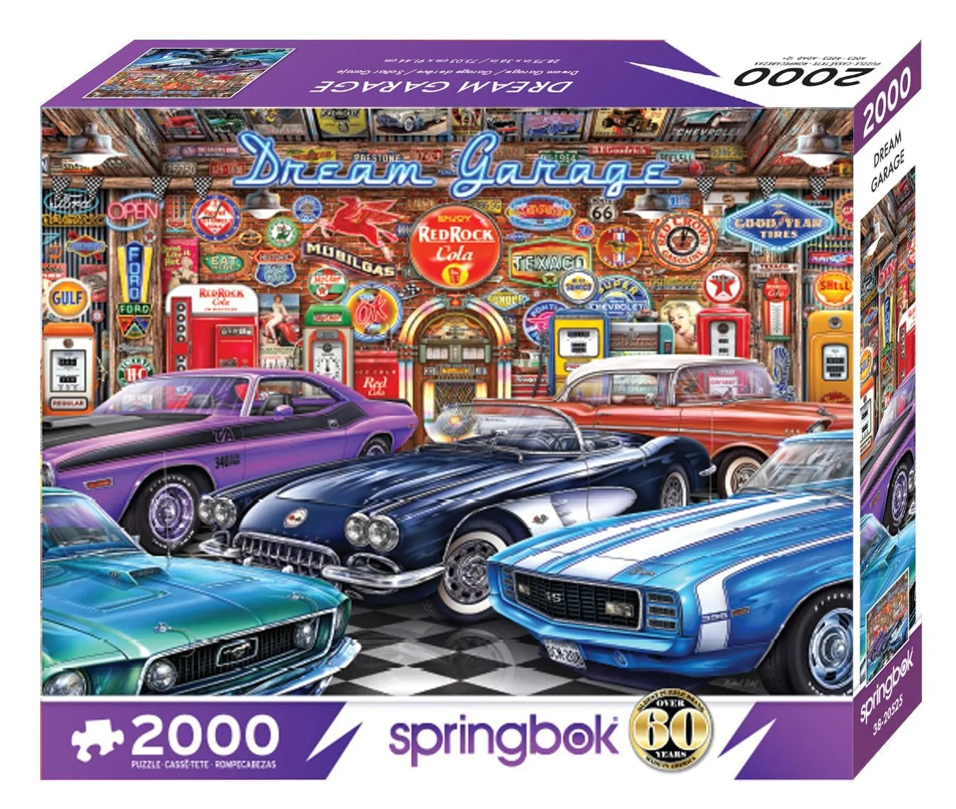 Springbok Dream Garage 2000 Piece Adult Jigsaw Puzzle – Classic Car Collection Scene 60 Year Anniversary box