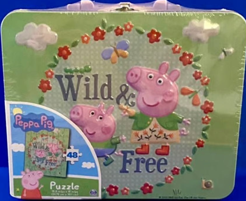 WILD AND FREE PEPPA PIG 48 PIECE PUZZLE IN COLLECTORS MINI METAL (TIN) LUNCH BOX NEW FACTORY SEALED