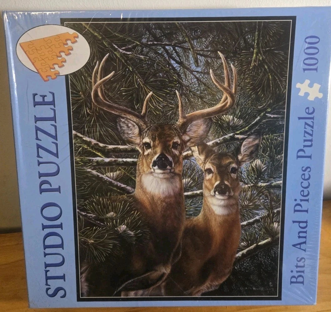 BITS AND PIECES STUDIO PUZZLE AMONG THE PINES BUCK & DOE DEER 1000 PC PUZZLE NIB