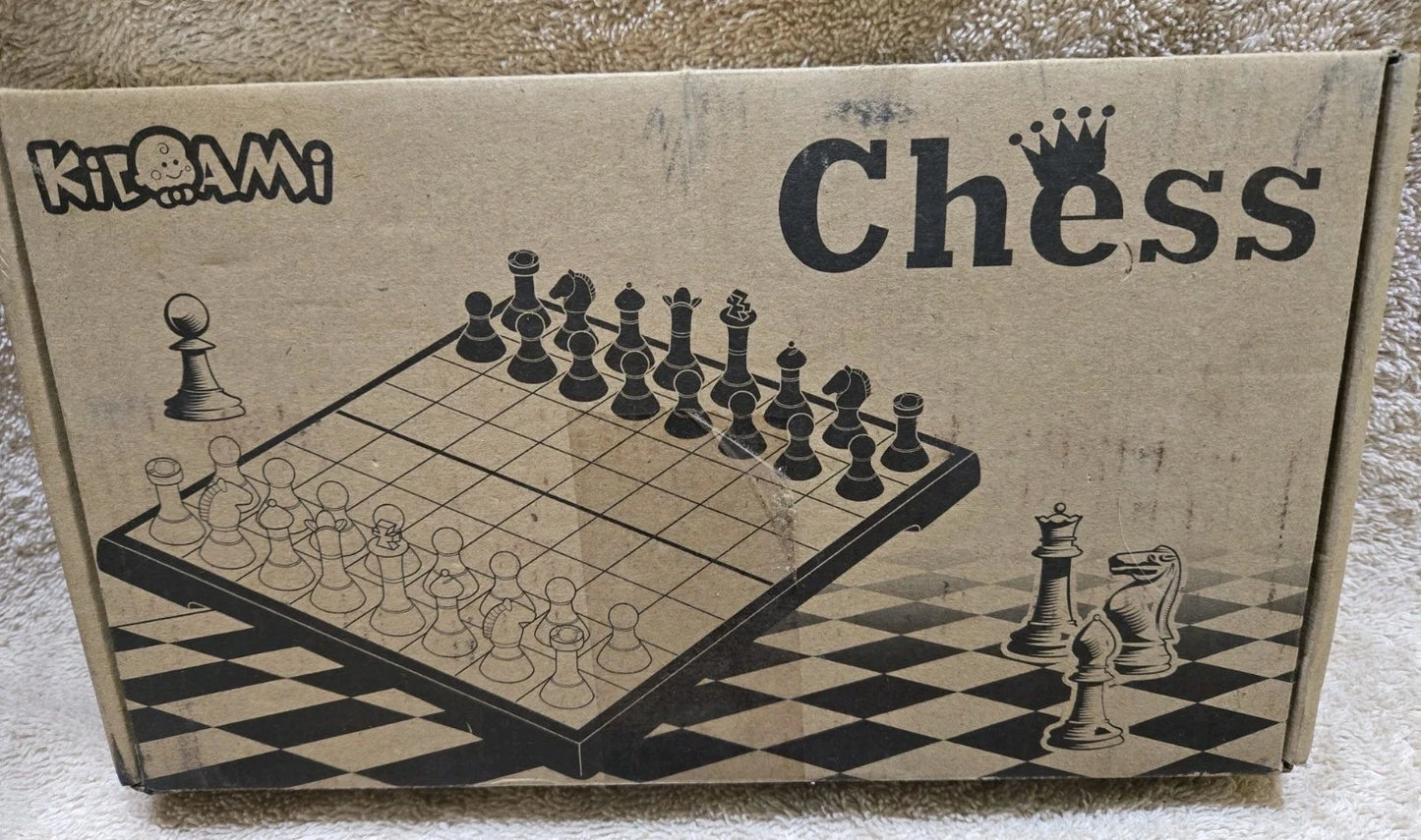 KIDAMI WOOD PIECE FOLD UP CHESS SET  COMPACT TRAVEL S 12" X 10.5" NUMBERED BOARD