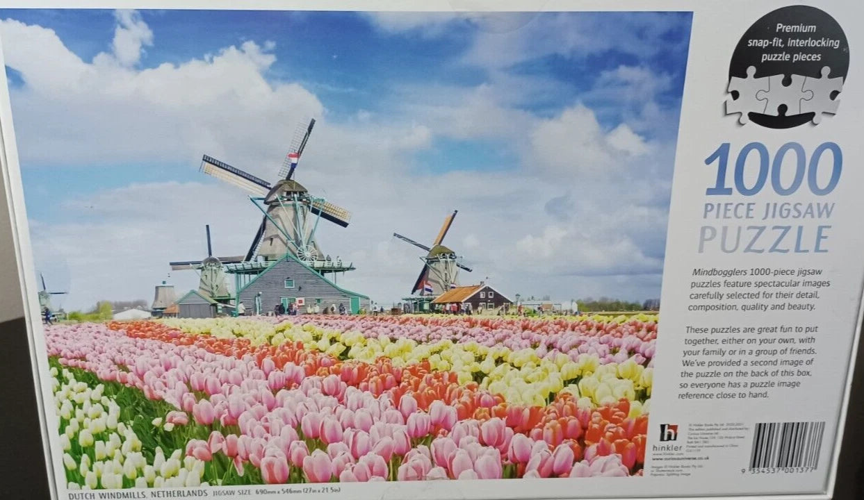 Share Mindbogglers - Dutch Windmills 1000 Pc Puzzle Colorful Tulips Farm Field New