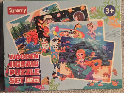 Synarry Wooden Jigsaw Puzzle Set - 4 Pack (Dinosaurs, Space, Animals, Mermaid