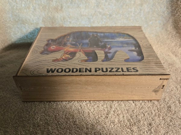 SSW Wooden Jigsaw Puzzle Black Bear & Cub Canoe Nature Scene in Wood Display Box