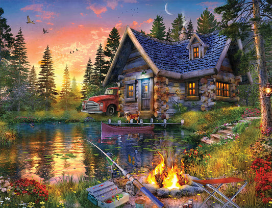 SUN KISSED CABIN 500 PIECE PREMIUM MAJESTIC PUZZLE BY SPRINGBOK fishing pole, truck, cabin & lake  Brand new
