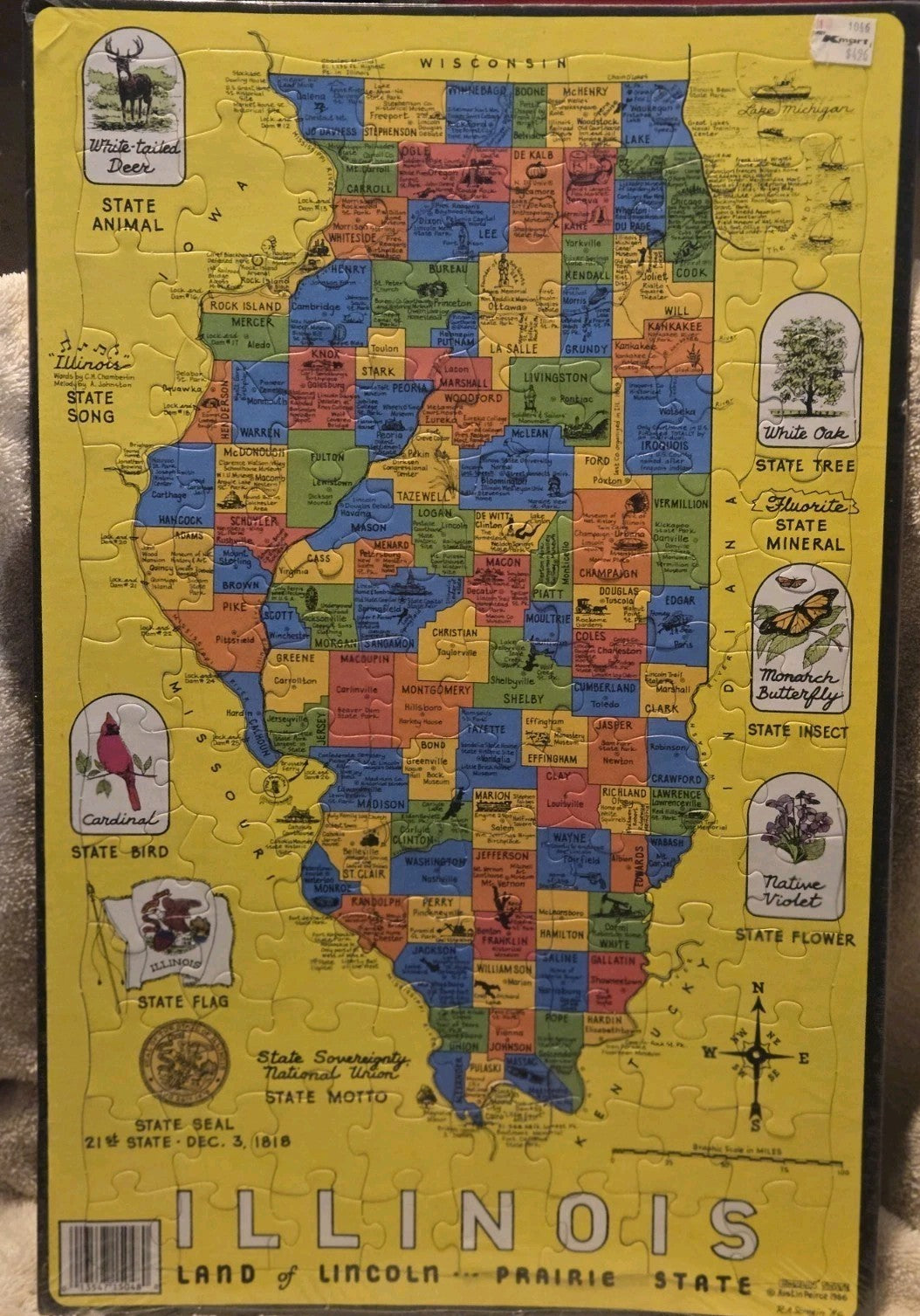 1986 Puzzlin State Informational Puzzle Of Illinois Counties Animal Bird 20x13"