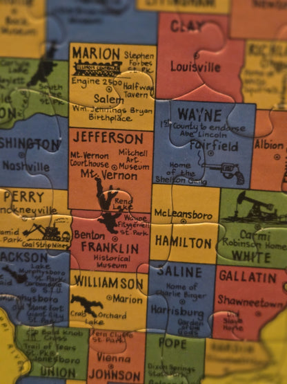 1986 Puzzlin State Informational Puzzle Of Illinois Counties Animal Bird 20x13"