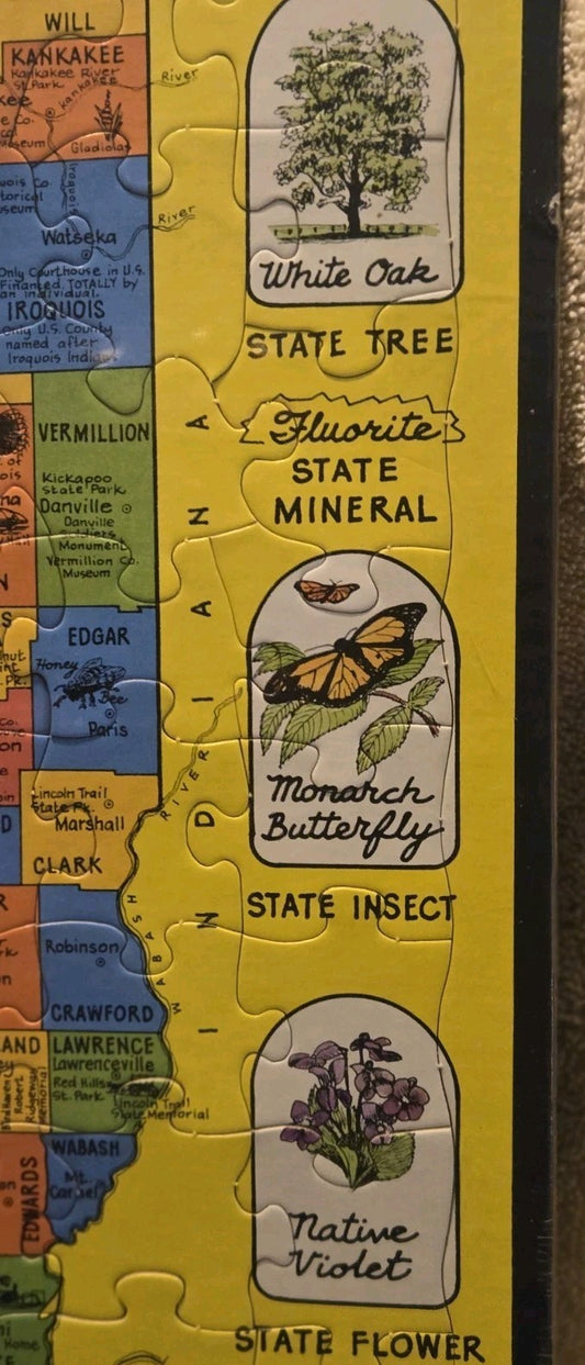 1986 Puzzlin State Informational Puzzle Of Illinois Counties Animal Bird 20x13"