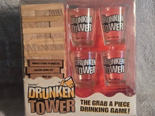 ICUP Drunken Tower Drinking Game - New In Box - 4 Shot Glasses 60 Wood Blocks