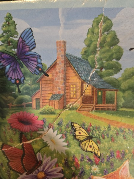 BITS AND PIECES BUTTERFLY MEADOW 300 PIECE PUZZLE KITTY CATS AND CABIN SCENE. NEW SEALED