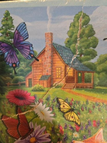 BITS AND PIECES BUTTERFLY MEADOW 300 PIECE PUZZLE KITTY CATS AND CABIN SCENE. NEW SEALED