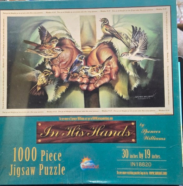 SUNSOUT IN HIS HANDS 1000 PC PUZZLE BIRDS EATING IN JESUS HANDS MATHEW 10:31 NEW SEALED