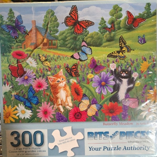 BITS AND PIECES BUTTERFLY MEADOW 300 PIECE PUZZLE KITTY CATS AND CABIN SCENE. NEW SEALED
