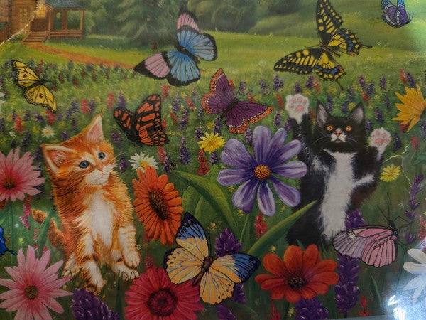 BITS AND PIECES BUTTERFLY MEADOW 300 PIECE PUZZLE KITTY CATS AND CABIN SCENE. NEW SEALED