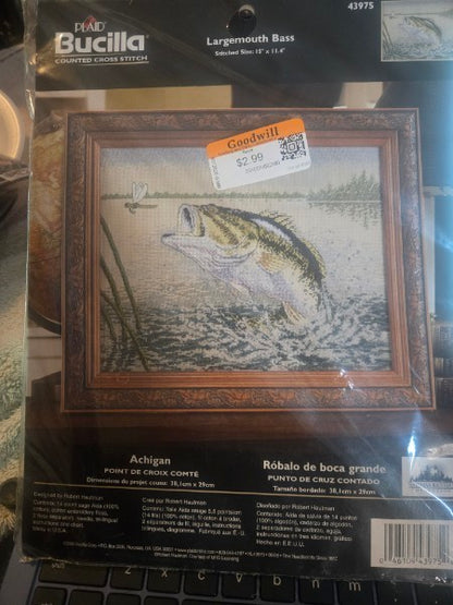 Bucilla 43975 Largemouth Bass Cross Stitch Kit Sealed Robert Hautman Rare HTF 2002