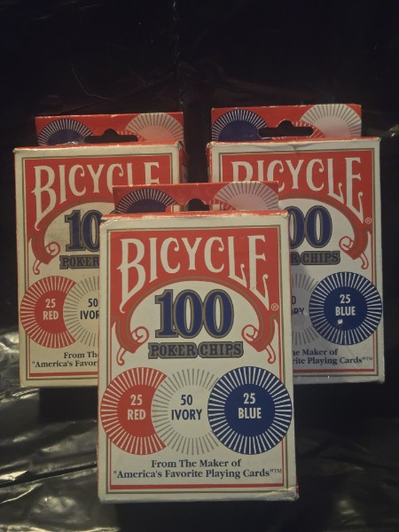 3 BOXES BICYCLE POKER CHIPS. 100 PER BOX 300 TOTAL RED, WHITE AND BLUE NEW