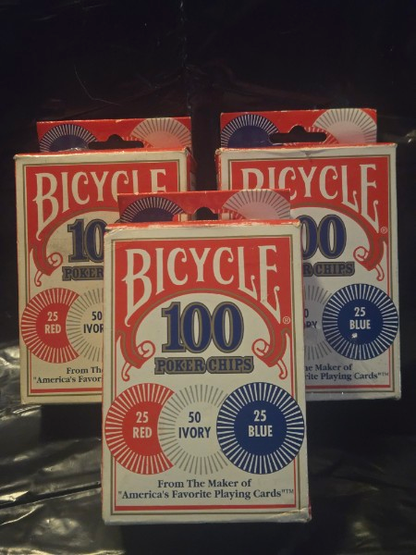 3 BOXES BICYCLE POKER CHIPS. 100 PER BOX 300 TOTAL RED, WHITE AND BLUE NEW
