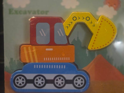 4 CHILDRENS 4-6 PIECE WOODEN PUZZLES; TRUCK, EXCAVATOR, SUBMARINE & SHIP. SEALED