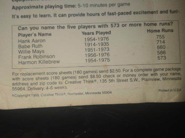 RARE 1989 "Creative Think" Homerun Baseball Card Game - Factory Sealed, Unopened! Obscure Indie Game, Rochester MN