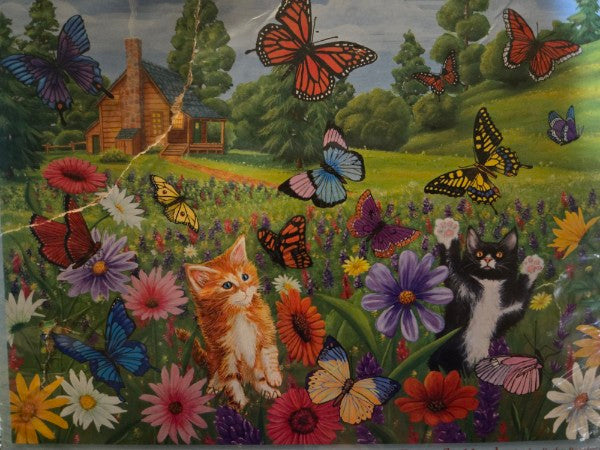 BITS AND PIECES BUTTERFLY MEADOW 300 PIECE PUZZLE KITTY CATS AND CABIN SCENE. NEW SEALED