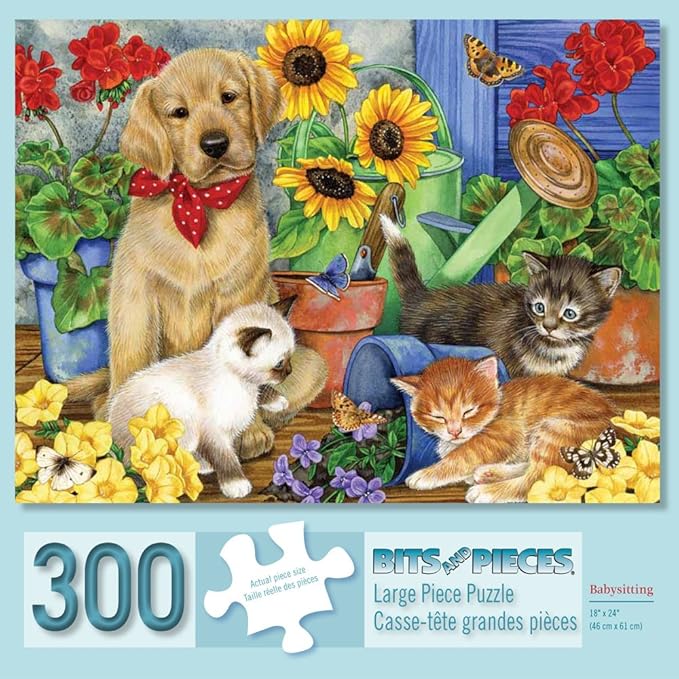 Bits N Pieces "Babysitting" 300 Pc Puzzle Yellow Dog & 3 Kittens & Flowers New sealed