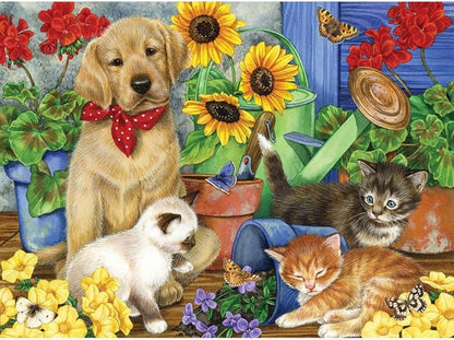 Bits N Pieces "Babysitting" 300 Pc Puzzle Yellow Dog & 3 Kittens & Flowers New sealed