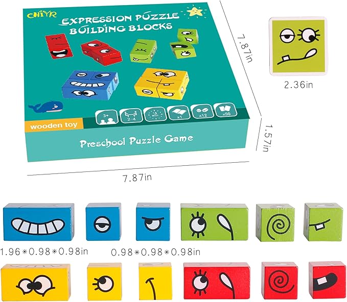 Chiyr Wooden Expressions Matching Block Puzzles Building Cubes Toy Borad Games