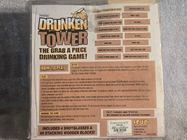 ICUP Drunken Tower Drinking Game - New In Box - 4 Shot Glasses 60 Wood Blocks