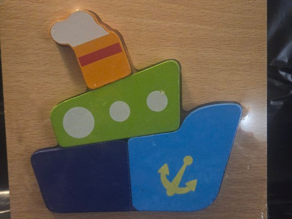 4 CHILDRENS 4-6 PIECE WOODEN PUZZLES; TRUCK, EXCAVATOR, SUBMARINE & SHIP. SEALED