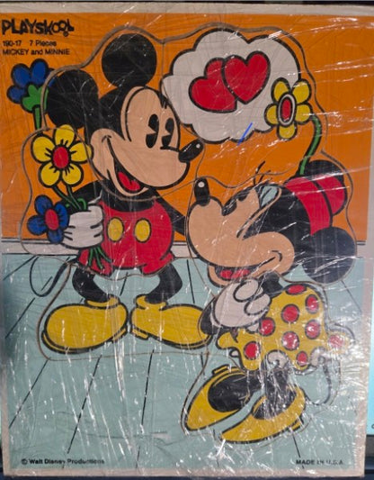 VINTAGE PLAYSKOOL MICKEY AND MINNIE 7 PIECE WOOD TRAY PUZZLE NO, 190-17 GREAT CONDITION