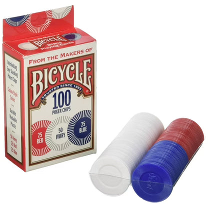 3 BOXES BICYCLE POKER CHIPS. 100 PER BOX 300 TOTAL RED, WHITE AND BLUE NEW