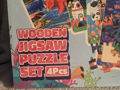 Synarry Wooden Jigsaw Puzzle Set - 4 Pack (Dinosaurs, Space, Animals, Mermaid