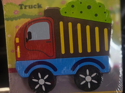 4 CHILDRENS 4-6 PIECE WOODEN PUZZLES; TRUCK, EXCAVATOR, SUBMARINE & SHIP. SEALED