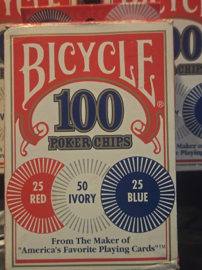 3 BOXES BICYCLE POKER CHIPS. 100 PER BOX 300 TOTAL RED, WHITE AND BLUE NEW