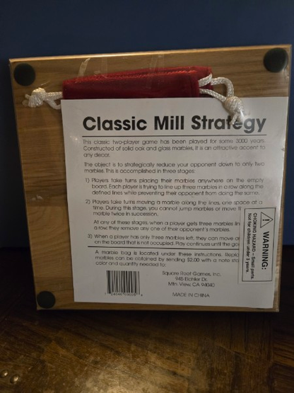 (Nine Men's Morris) CLASSIC MILL Strategy Game - Solid Oak Board & Glass Marbles with bag NEW SEALED