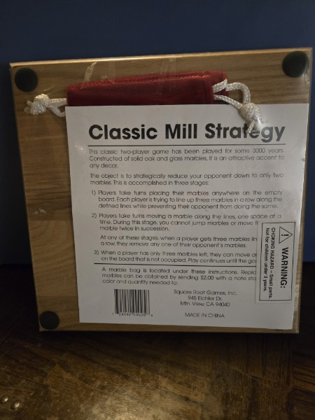 (Nine Men's Morris) CLASSIC MILL Strategy Game - Solid Oak Board & Glass Marbles with bag NEW SEALED