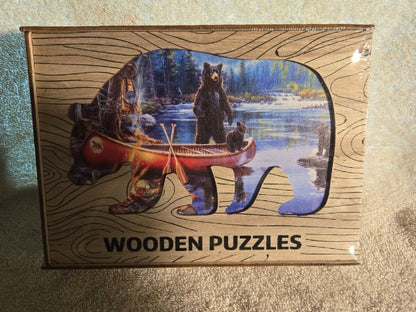 SSW Wooden Jigsaw Puzzle Black Bear & Cub Canoe Nature Scene in Wood Display Box