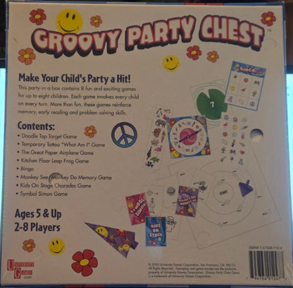 GROOVY PARTY CHEST. MAKE YOUR KIDS PARTY A HIT! 8 PARTY GAMES IN ONE BOX! NEW SEALED