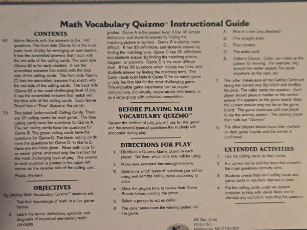 Quizmo Math Vocabulary Educational Bingo Game New Sealed World Class Materials
