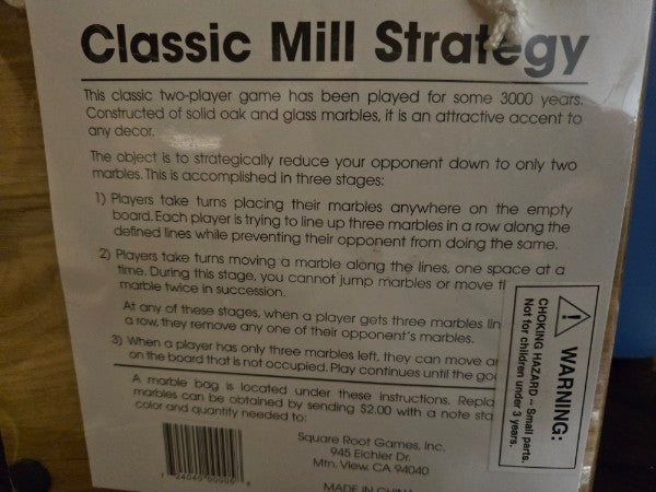 (Nine Men's Morris) CLASSIC MILL Strategy Game - Solid Oak Board & Glass Marbles with bag NEW SEALED