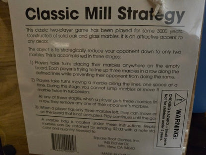 (Nine Men's Morris) CLASSIC MILL Strategy Game - Solid Oak Board & Glass Marbles with bag NEW SEALED