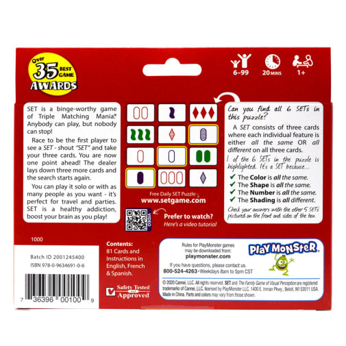 SET THE FAMILY GAME OF VISUAL PERCEPTION GROUP PLAY OR SOLITAIRE 30 YEARS PLAYMONSTER NEW