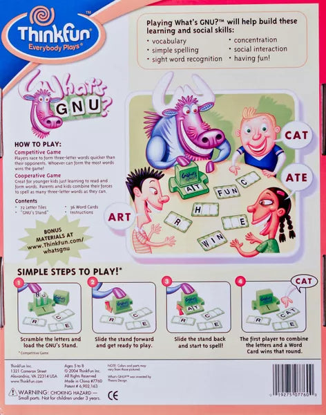 WHAT'S GNU? THE 3 LETTER LEARINGN GAME FOR AGES 5+ BY THINK FUN NEW SEALED
