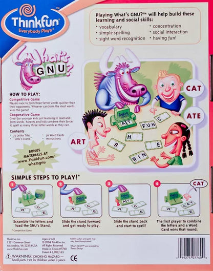 WHAT'S GNU? THE 3 LETTER LEARINGN GAME FOR AGES 5+ BY THINK FUN NEW SEALED
