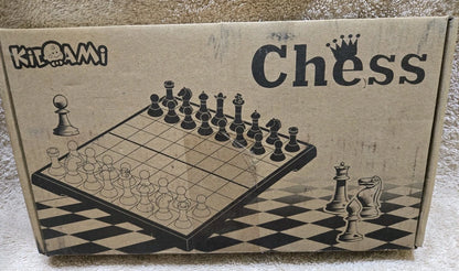 KIDAMI WOOD PIECE FOLD UP CHESS SET  COMPACT TRAVEL S 12" X 10.5" NUMBERED BOARD