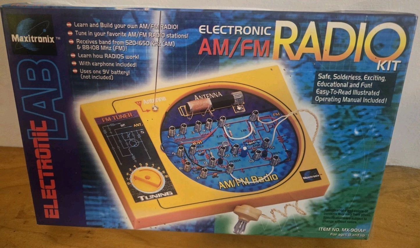 MAXITRONIX ELECTRONIC LAB AM/ FM RADIO EDUCATION KIT SOLDERLESS ELENCO MX-90IAF NEW SEALED
