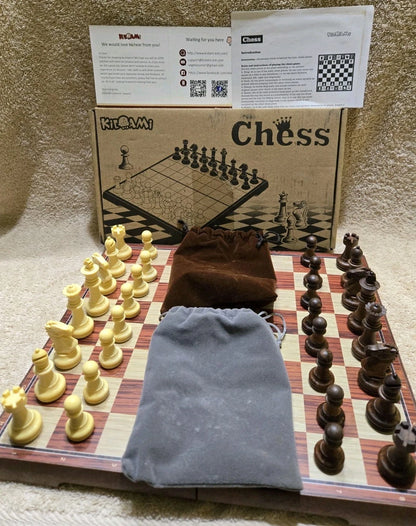 KIDAMI WOOD PIECE FOLD UP CHESS SET  COMPACT TRAVEL S 12" X 10.5" NUMBERED BOARD