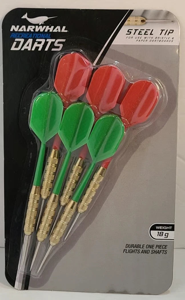 Narwhal Recreational Darts Steel Tips 18 Grams 6 Pack  - 3 Red 3 Green New Factory Sealed