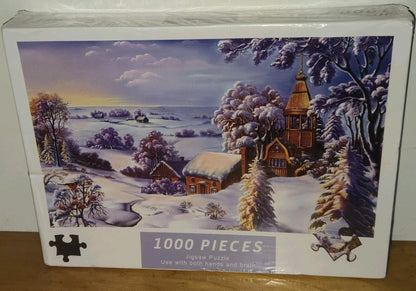 "THE SNOW IS WHITE" 1000 PC PUZZLE PRAIRIE WINTER SCENE W CHURCH PINE TREES BIRD